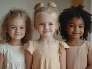 Multicultural group of children friends linking arms and smiling together, captured with a soft background and gentle light, emphasizing their unity and joyful moment.