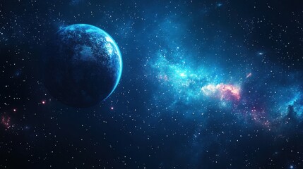 Obraz premium Abstract space background with planets and stars in deep blacks and vibrant blues, highlighting the vastness and mystery of the universe. Ideal for space and astronomy-themed projects.