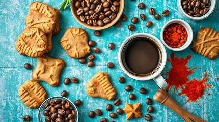 Top view of cups of coffee, coffee beans, cookies and spices on table