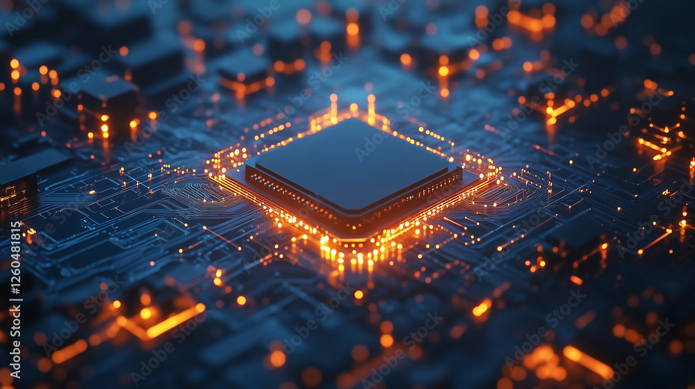 Aufkleber isometric ai chip encircled by glowing circuit lines and a polygonal frame on a sleek blue backgroun