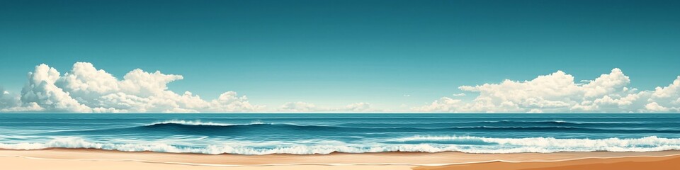 Obraz premium Minimalistic panoramic illustration of the sea, beach, and sky, featuring bright, vibrant tones and a wide composition