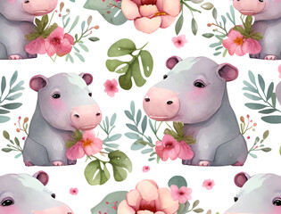 Cute Watercolor Hippo and Floral Seamless Pattern