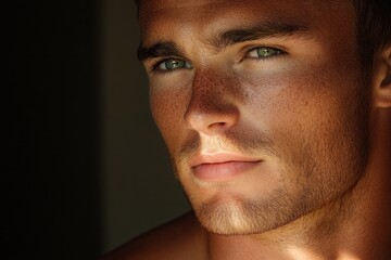 Obraz premium Portrait of a serious guy with freckles and blue eyes, standing in the shadow. Copy space for text. Concept sun protection, beautiful people, healthy skin