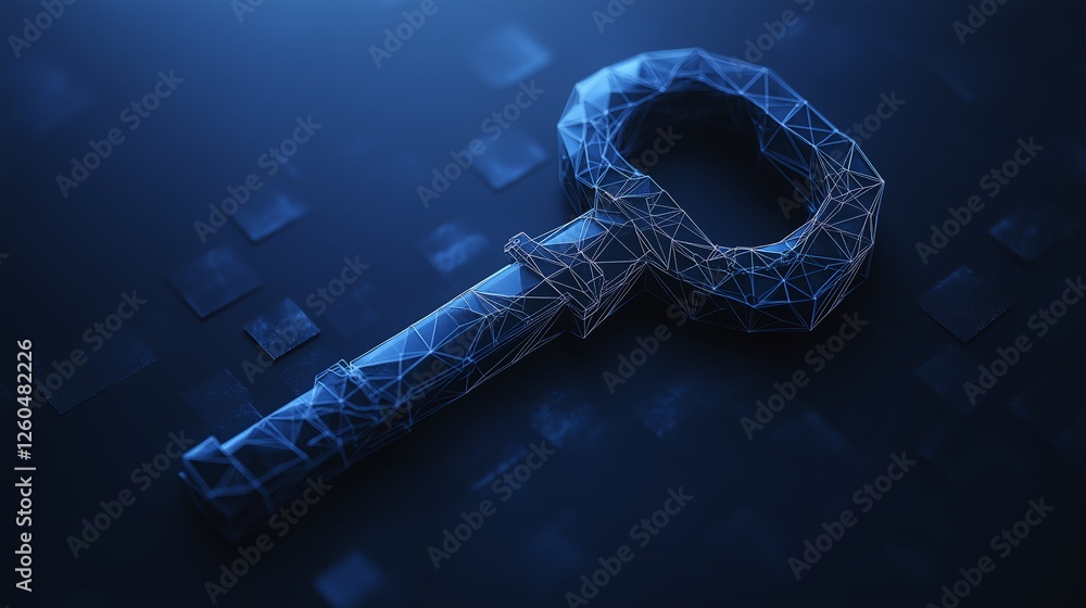 Poster wireframe key design with sleek geometric shapes, placed against a dark blue isolated background, sy