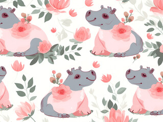 Cute Watercolor Hippo and Floral Seamless Pattern
