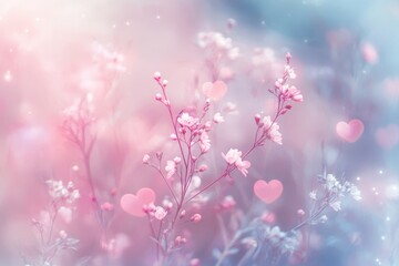Obraz premium Pastel Pink Flowers and Hearts Soft Romantic Background