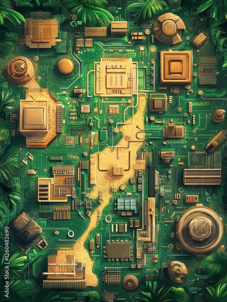 Poster digital circuit board treasure map - cartoon style website background illustration with tech element