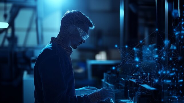 Businessman conducting inspections at an electronic equipment factory, set in a futuristic dark blue wireframe environment for a cinematic appeal.