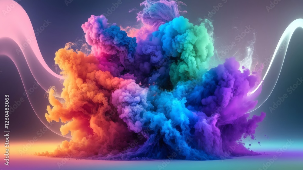 Poster colorful explosion of smoke creating vibrant patterns in a dark background at a digital art exhibiti