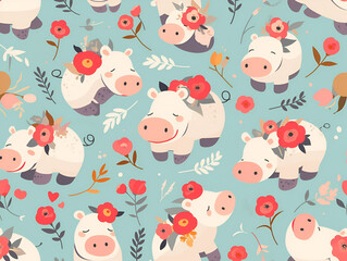 Fototapeta premium Cute Watercolor Hippo and Floral Seamless Pattern