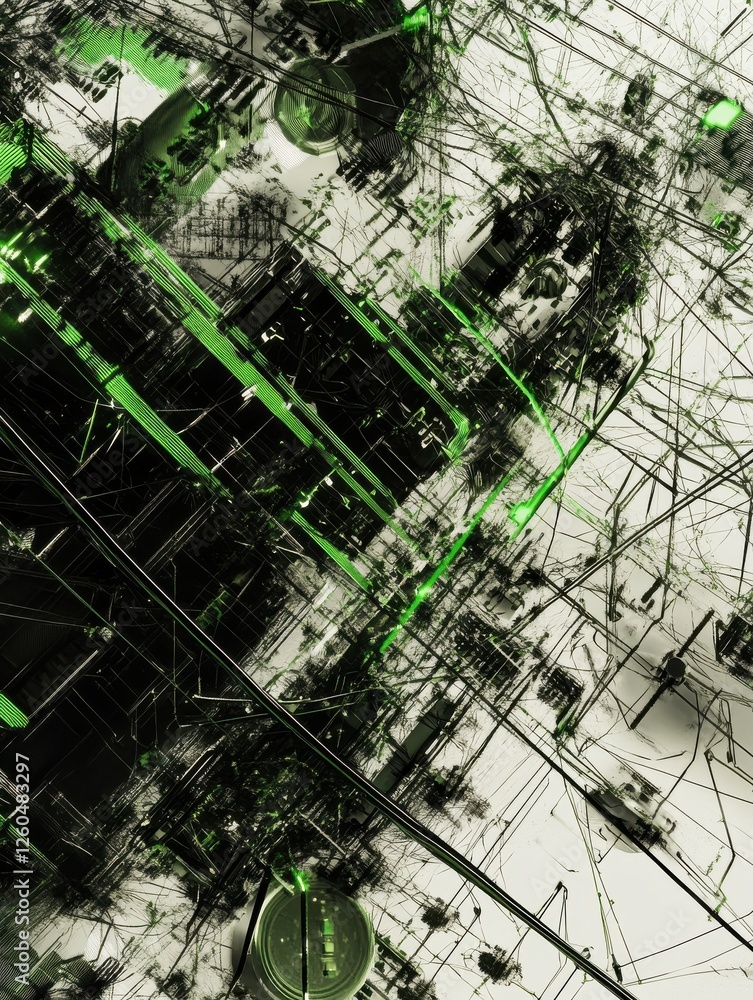 Poster a complex circuit board with a network of green and black lines, creating a visually striking and in