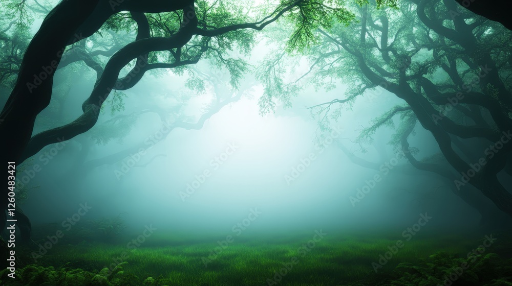 Poster a serene forest scene shrouded in mist, where twisted tree branches create a mystical atmosphere, in