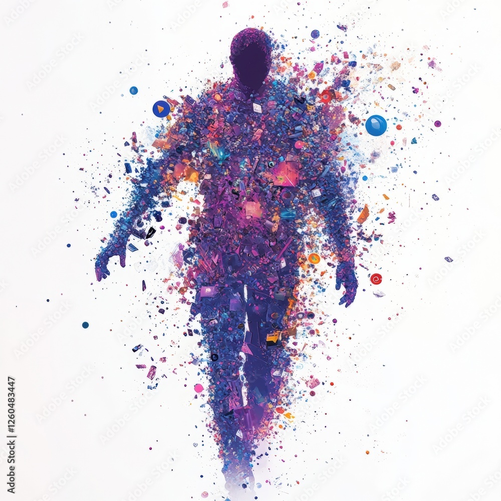 Poster an abstract silhouette of a person emerging from a colorful explosion of particles, capturing the es