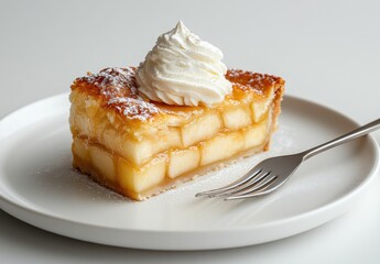 Delicious Slice of Apple Dessert with Whipped Cream on Top Garnished with Powdered Sugar Served on White Plate