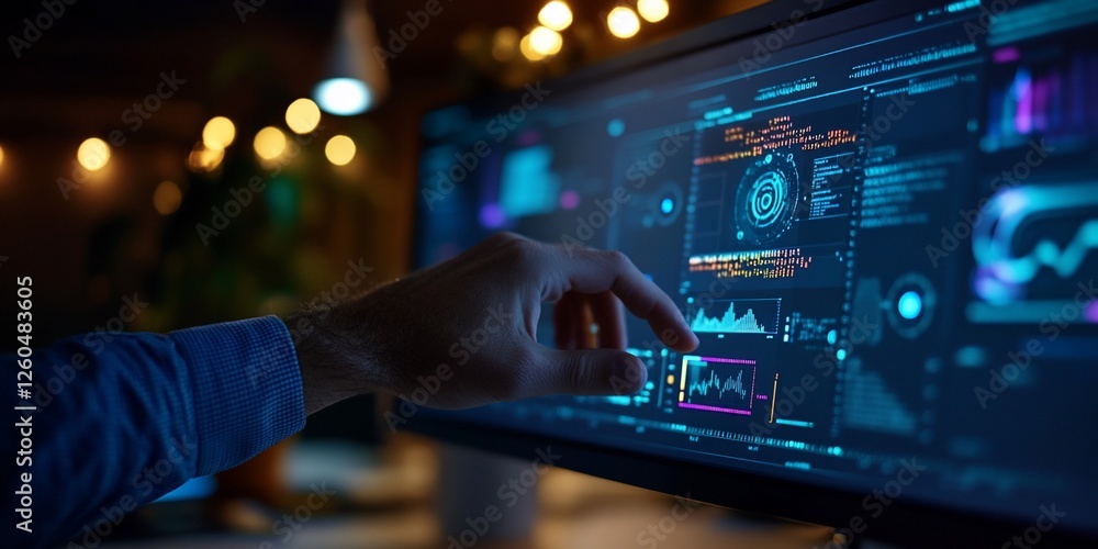 Aufkleber hand interacts with data visualization on a monitor in a dimly lit office