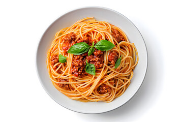 Top view spaghetti bolognese in white plate isolated on white background

