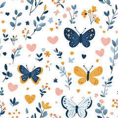 Whimsical butterfly and floral pattern for spring or summer design