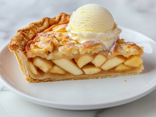 Delicious slice of apple pie topped with creamy vanilla ice cream on a white plate against a marble background, perfect for dessert lovers