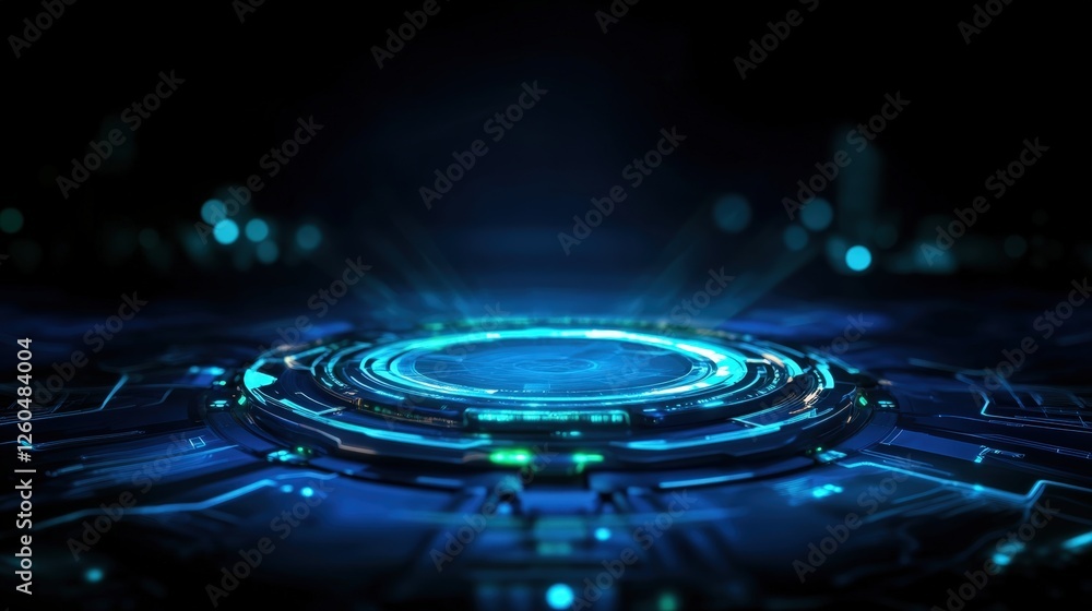 Poster a futuristic visual featuring a glowing blue circular interface on a dark background, representing a
