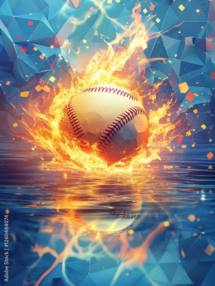 Poster baseball ball on fire and water with lightening around on abstract polygonal background. horizontal 