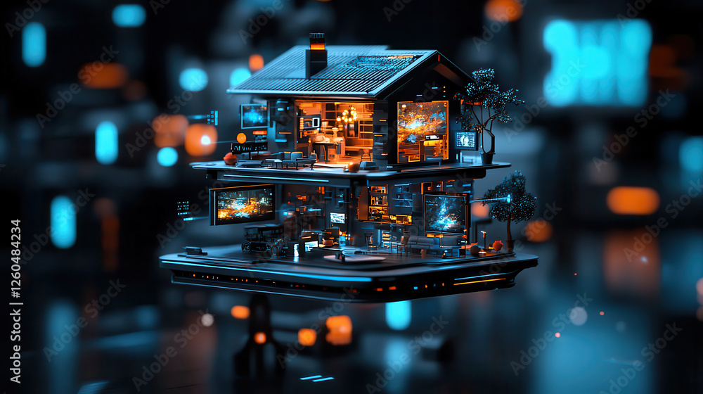 Aufkleber futuristic floating mansion with semi transparent holographic elements, showcasing advanced technolo
