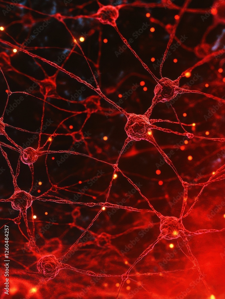 Poster abstract red tech background dynamic network system artificial neural connections digital illustrati