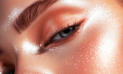 Close-up of a radiant makeup of a woman's eye, featuring soft peach and warm neutral tones, with a subtle highlighter shimmering in the light, exuding elegance and sophistication.
