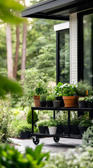 A black metal trolley with plants and flower pots on it is parked in front of the garden center
