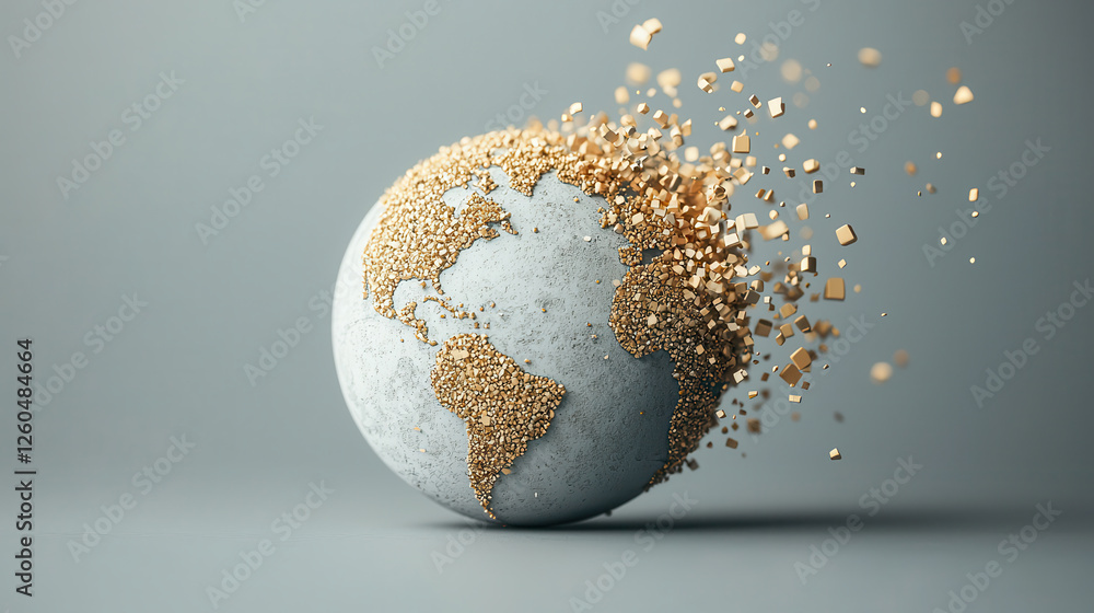 Aufkleber visually striking representation of Earth disintegrating into golden particles, symbolizing transformation and change. globe features detailed continents and smooth surface, creating dramatic