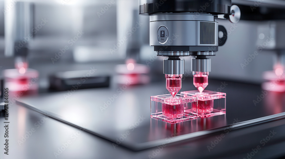 Poster Advanced bioprinting technology in laboratory setting, showcasing scientists using AI driven methods to create intricate structures with vibrant red materials