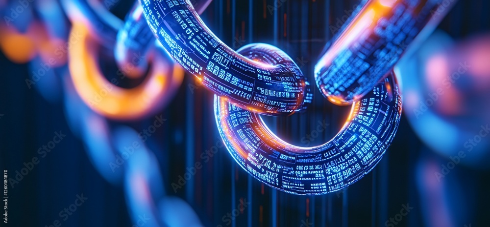 Poster digital chain links glow, data security concept. background, abstract code