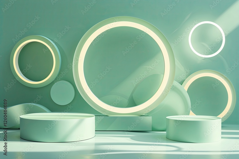Poster soft mint abstract background with glowing rings and subtle shadows for a tranquil visual experience