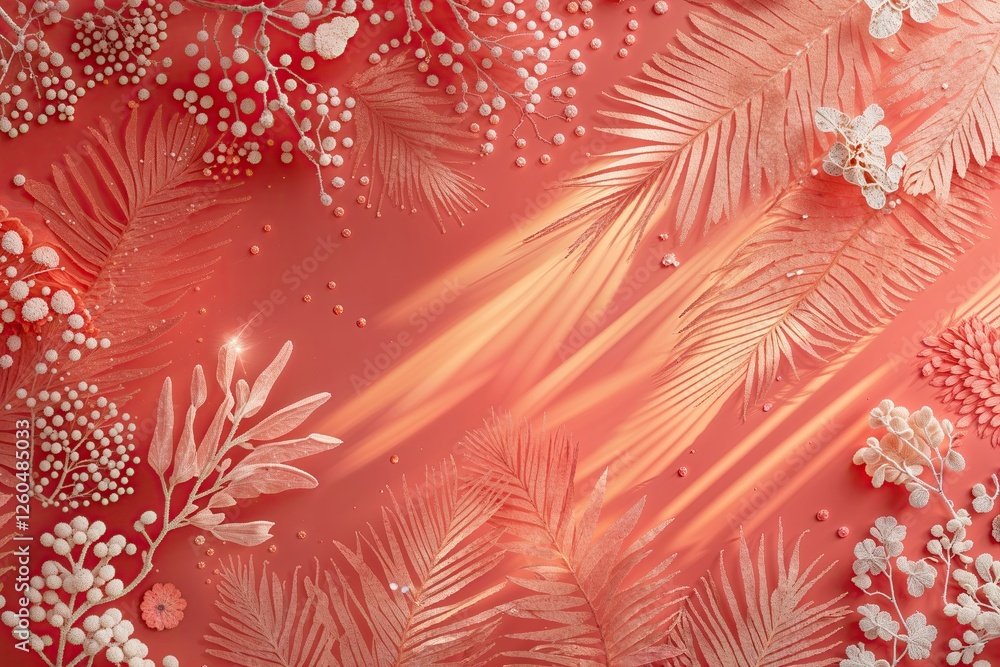 Poster shimmering coral background with soft rays and elegant patterns