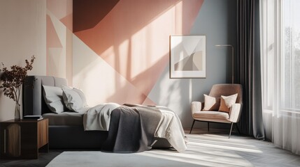 modern bedroom interior design with geometric wall art