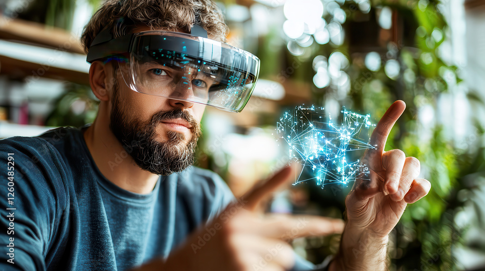Aufkleber immersive augmented reality gaming experience with man using headset, interacting with holographic v