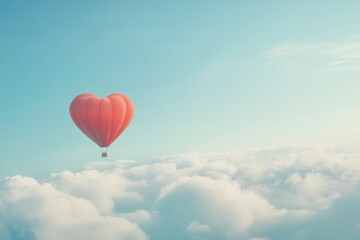 Fototapeta premium Pink Heart Shaped Hot Air Balloon Soaring Above Soft Clouds