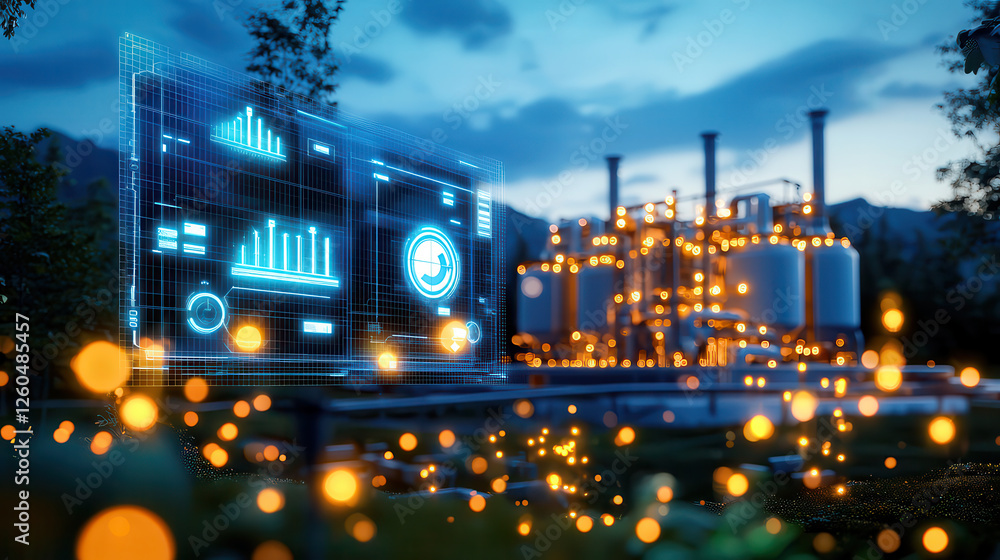 Aufkleber geothermal power station with real time holographic data visualization, showcasing advanced technolo
