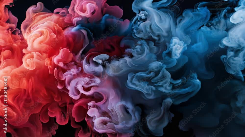 Poster vibrant colorful ink swirls in water creating dynamic cloud patterns.