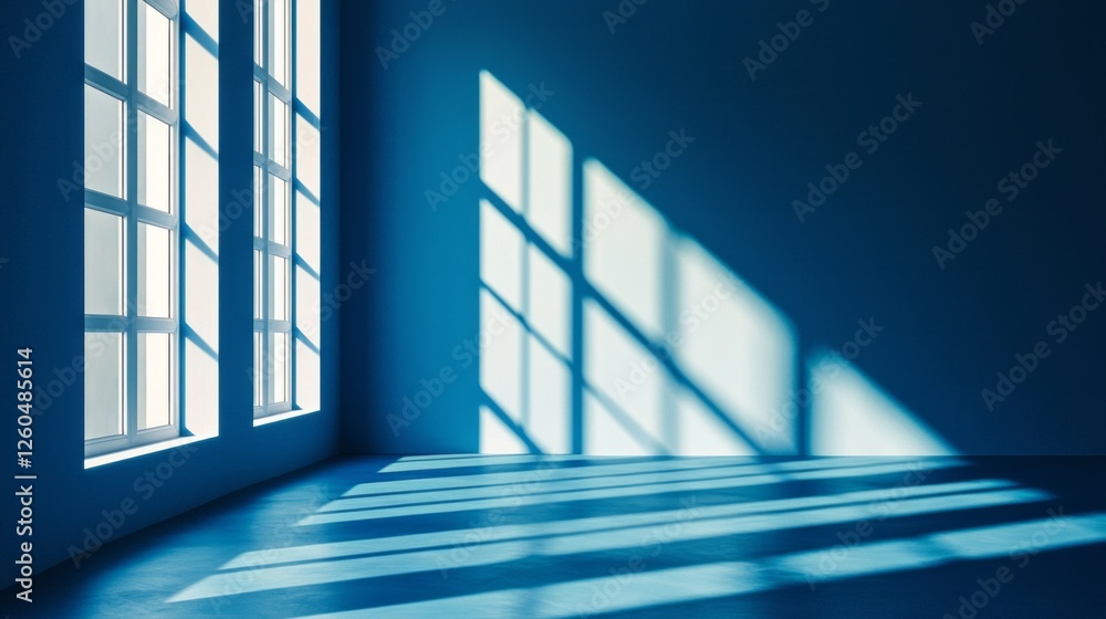 Poster light streams through large windows, casting geometric shadows on the smooth blue floor. the harmoni
