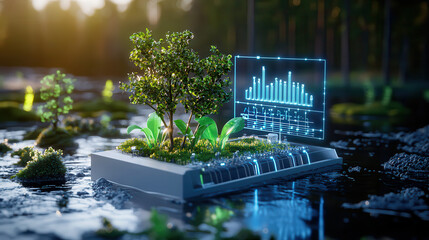 futuristic hydropower plant with holographic interface displays, surrounded by lush greenery and water. scene conveys innovation and sustainability in energy production