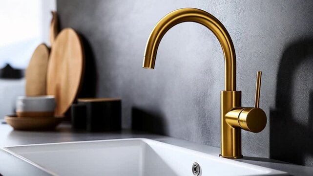 Modern kitchen interior with a white sink and stylish gold faucet against a dark textured wall, featuring minimalist design and elegant kitchenware elements.