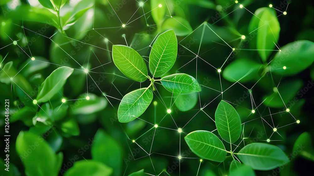 Poster green leaves with network connections symbolizing technology and nature, showcasing integration of a