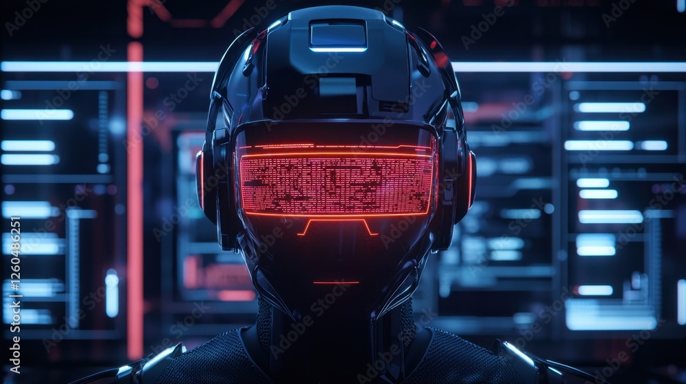 Poster futuristic robot with cybernetic enhancements in neon environment