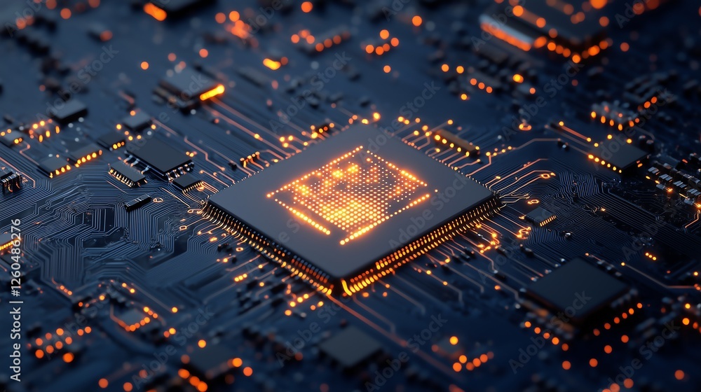 Poster round ai chip with circuit lines and glowing pixels on dark blue technology background, minimal inno