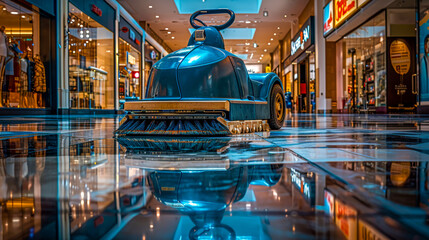 Large industrial scrubber dryer machine on glossy floor of shopping mall with various shops and bright storefronts, deserted. Without worker. Modern equipment for cleaning premises. Copy space.