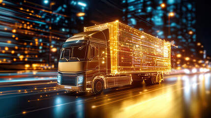 Autonomous truck with glowing digital design on city road at night, showcasing advanced technology and innovation in transportation
