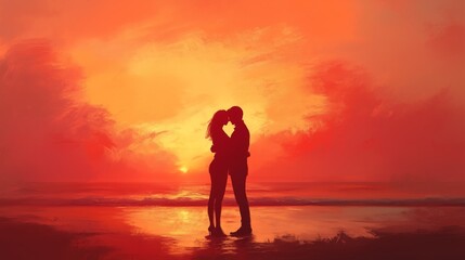 Fototapeta premium Soft Digital Painting of a Couple Hugging on a Sunset Beach with a Warm Orange and Pink Sky
