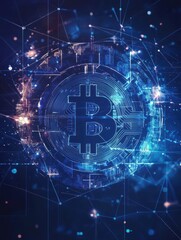 Blockchain technology futuristic hud background with world globe and blockchain polygon peer to peer network. Global cryptocurrency fintech business and finance banner concept. Low poly design.