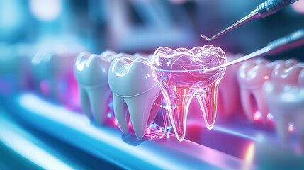 Autonomous robotic dentist performing AI enhanced dental procedures with glowing teeth model. Innovative technology in dentistry showcases precision and advanced care