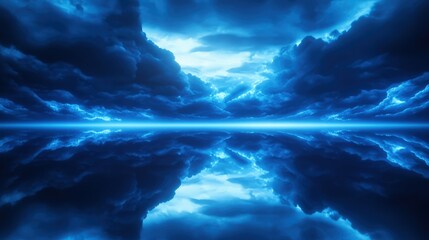 A stunning and atmospheric landscape featuring dark blue clouds reflecting on a tranquil body of water